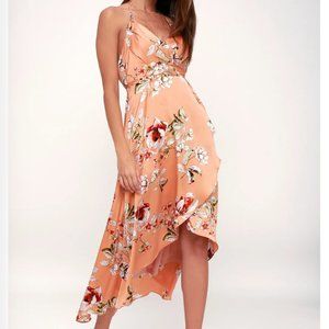 ❌ SOLD ❌   Lulus Peach Floral Satin High-Low Wrap Dress